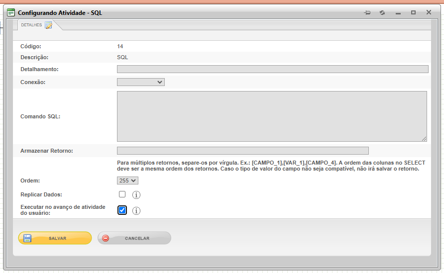 Configuração de atividade SQL