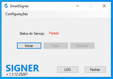 SmartSigner com o status do serviço parado