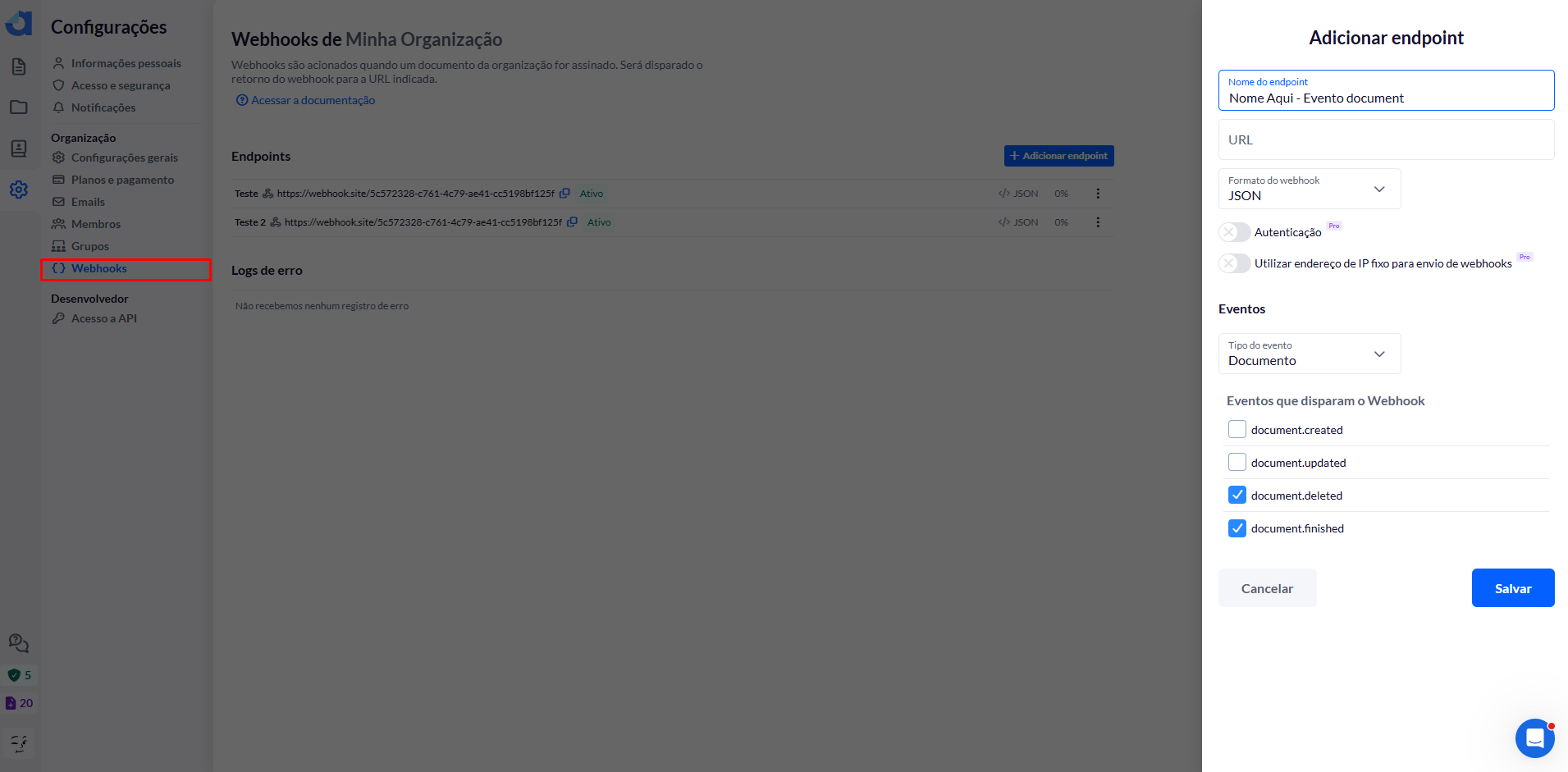 Configuração do webhook de eventos de documento na Autentique