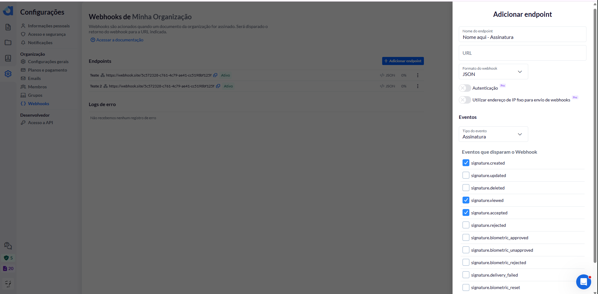 Configuração do webhook de eventos de assinatura na Autentique
