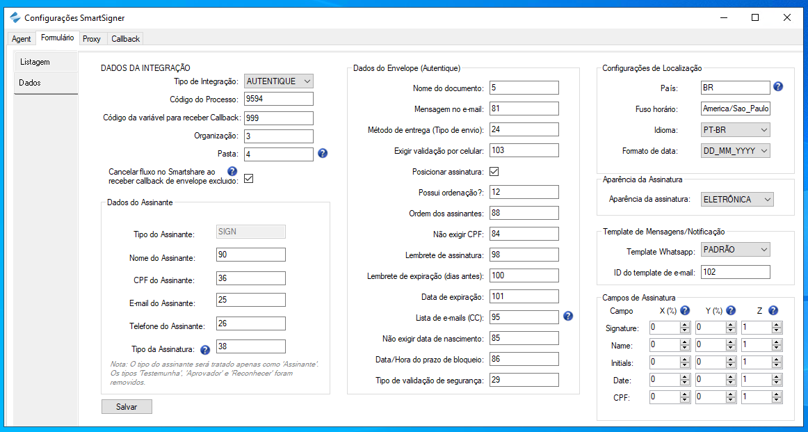 Configuração de dados da integração Autentique no SmartSigner