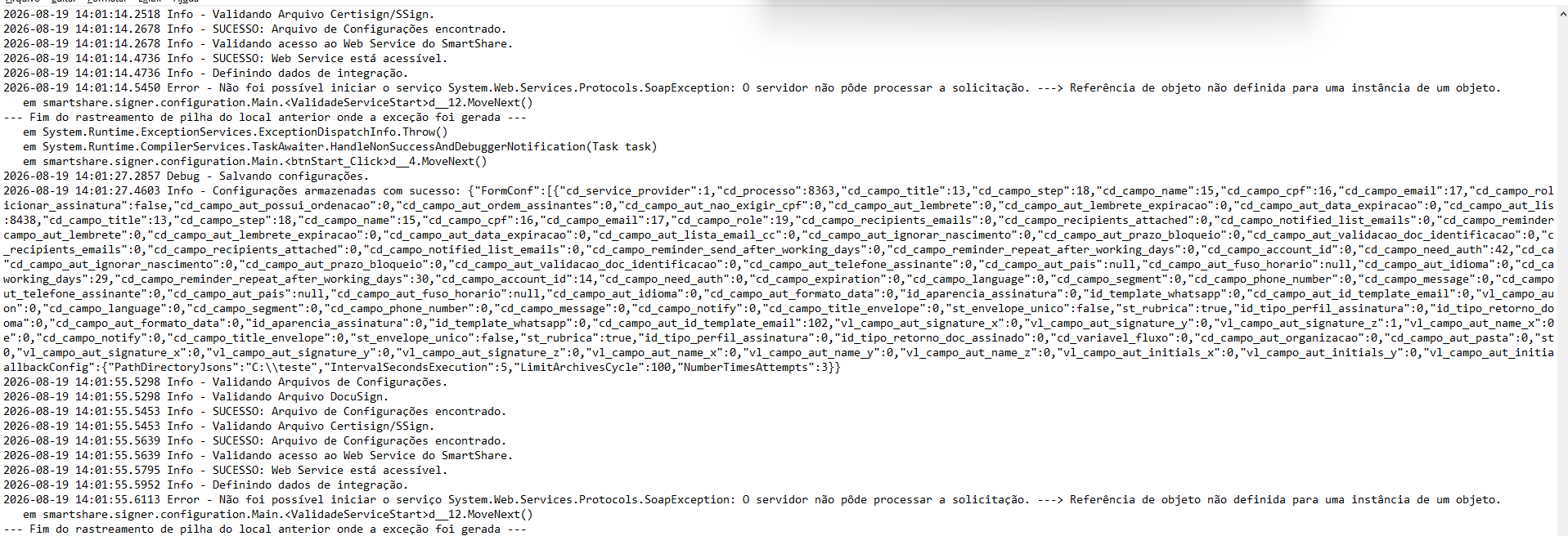 Log de configuração do SignerAgent
